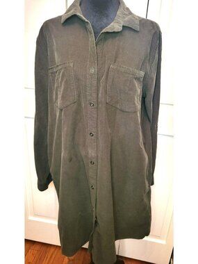 Lucky Brand L Corduroy Olive Green Button Up Tunic Mini Dress Fall Boho Western